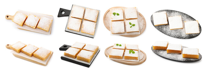 Delicious lemon bars isolated on white, set. Top and side view