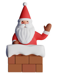 Santa Claus in the chimney waving his hand 3d illustration on isolated transparent background