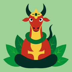 Stylized red ox creature with horns and green serpent ring silhouette isolated on white background