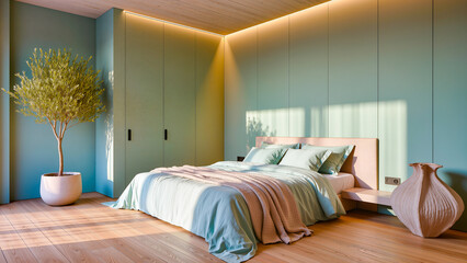Modern minimalist bedroom in mint green and beige tones with natural sunlight.
