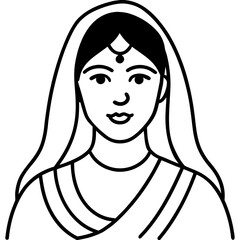 Stylized indian woman portrait silhouette with traditional attire isolated on white background silhouette