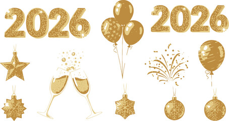 Golden New Year 2026 with champagne, balloons, stars, and ornaments