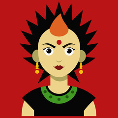 Stylized indian woman with spiky hair and traditional bindi silhouette isolated on white background