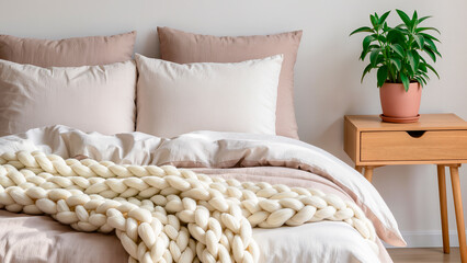 Cozy bedroom with a chunky knit blanket and a Scandinavian-style nightstand.
