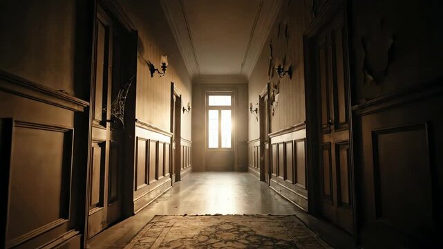 Creepy old hallway with flickering lights and a rug leading to a bright doorway