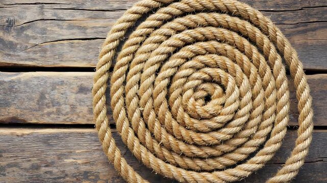 Twisted nautical rope coiled on weathered wooden planks, showcasing a maritime theme and rustic texture, ideal for background or design elements.