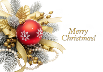 Merry christmas card with red ornament and gold decorations on transparent background