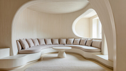 Futuristic minimalist living room interior with organic curved forms and a built-in sofa.