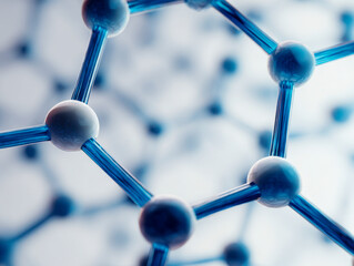 Detailed molecular structure with interconnected spherical atoms linked by translucent blue bonds, representing a scientific concept of chemical bonding and nanotechnolog