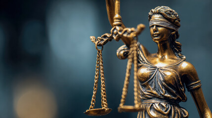 Fototapeta premium Bronze statue of Lady Justice blindfolded and holding scales symbolizing fairness and impartiality against a blurred blue background for legal concepts