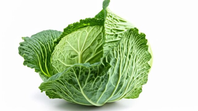 Savoy Cabbage Close Up on White Backdrop with Leafy Texture Detail in Green tones Fresh Produce Macro Shot Healthy Food