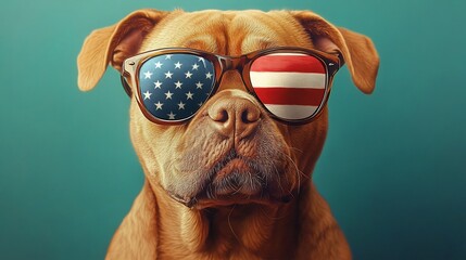 Patriotic Dog Wearing American Flag Sunglasses in Studio Portrait