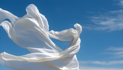 Ethereal white fabric dancing gracefully against blue sky. Cloud dancer