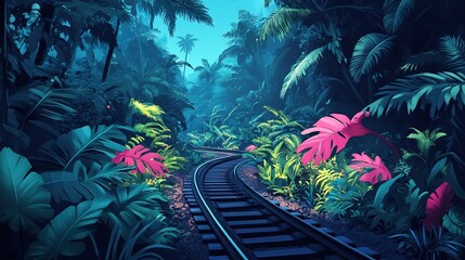 Lush Tropical Jungle with Train Tracks Winding Through Lush Green Vegetation