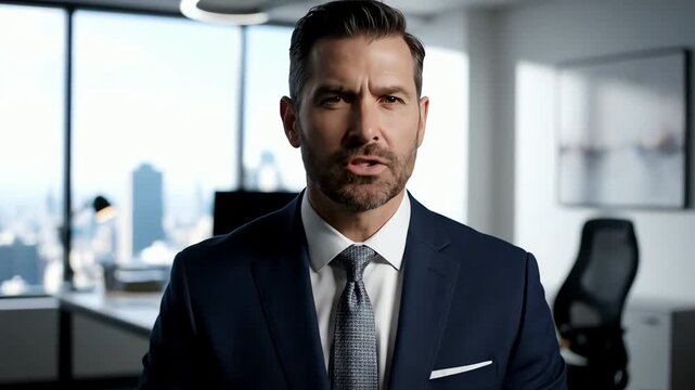 A mature and focused businessman in a dark suit delivering an important message to the camera from his modern office.