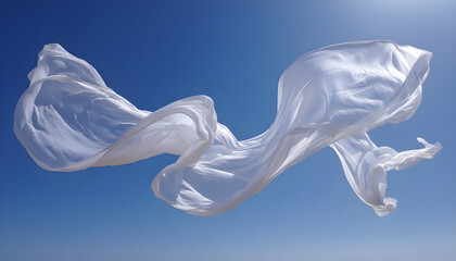Naklejka premium Ethereal white fabric dancing gracefully against blue sky. Cloud dancer
