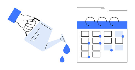 Hand with watering can nurturing a calendar, symbolizing time management, productivity, planning, and growth. Ideal for schedule management, teamwork, deadlines, education creativity business