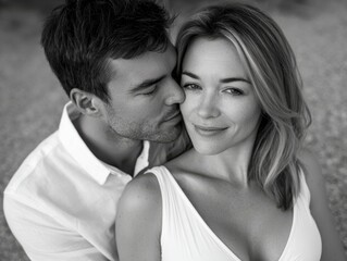 Expecting couple in intimate black and white maternity photography, showcasing love and anticipation, with soft textures and natural light creating a serene atmosphere