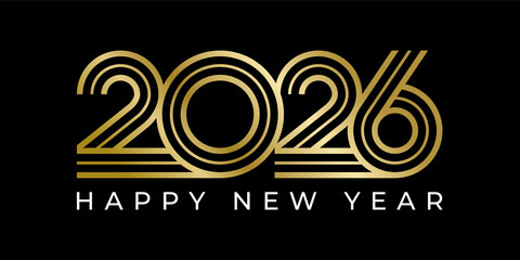 Elegant “2026” in gold gradient with geometric accents and “HAPPY NEW YEAR” on black background.