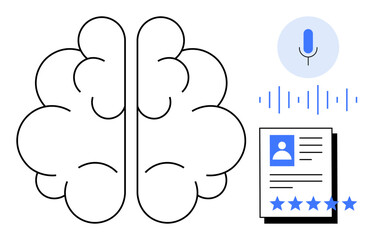 Brain outline with sound waves, microphone, and profile data document with star ratings. Ideal for AI, machine learning, voice recognition, data analysis, neural networks, tech innovation ratings