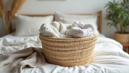 Woven basket with folded blankets on made bed in cozy bedroom  