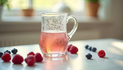 Fresh pink beverage in glass pitcher with raspberries and blueberries  