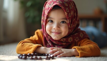 Young girl smiling while lying on carpet with prayer beads indoors  