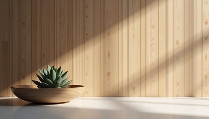 Succulent plant in wooden bowl on minimalist table with wood background  