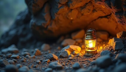 Vintage lantern glowing on rocky ground in cave setting  
