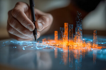 Person using a stylus to interact with a futuristic digital hologram cityscape projection featuring glowing skyscrapers and complex network connections on a tablet