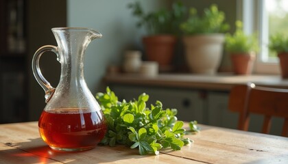 Glass pitcher with tea and fresh herbs on wooden tabletop indoors  