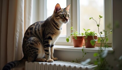 Bengal cat sitting on windowsill near potted plants and curtains  