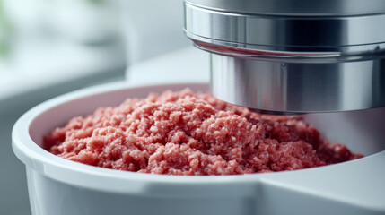 Modern electric meat grinder processing fresh raw meat chunks into finely ground meat inside a white kitchen appliance bowl for home cooking preparation