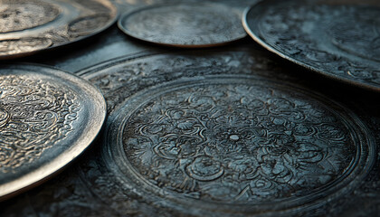 Close-up shot of metal plates with intricate designs and textures
