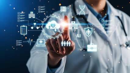 Doctor Interacting with Futuristic Digital Healthcare Interface