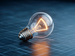 Glowing vintage light bulb resting on a futuristic digital blue grid surface symbolizing innovation and creative ideas in technology and design concepts