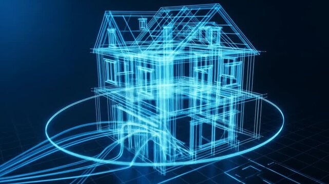 Glowing Blue Wireframe House Construction Plan on Dark Background