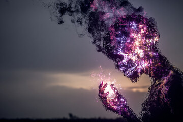 Hyper-realistic 8K illustration of mystical gauntlet with glowing multicolored stone, ghostly skulls being pulled in, ominous powerful design, set against mountain peaks and heavenly