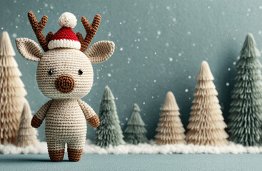 Adorable crochet reindeer in a Santa hat stands in a snowy forest of handmade trees..Perfect for holiday toy ads, winter craft blogs, or seasonal decor promotions.