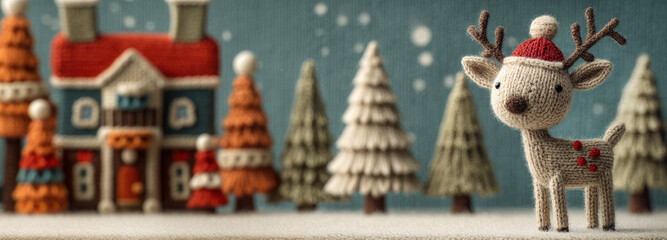 Cute wool reindeer in a winter wonderland of crocheted trees and stitched houses..Use in Christmas campaigns, toy branding, or DIY holiday inspiration.
