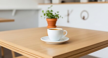 Obraz premium Fresh morning coffee in a white cup on a wooden table.