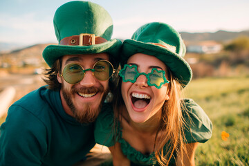 Man and a woman are wearing green hats and glasses. The man is smiling and the woman is laughing