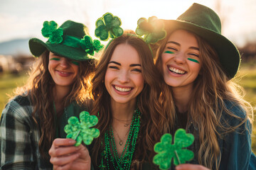 Three women wearing green hats and green clovers. Two of them is holding a green shamrock