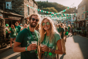 Man and woman are smiling and holding drinks. They are wearing a green shirt