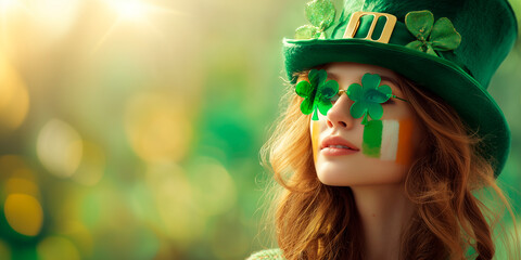 Woman wearing a green hat and glasses. She has a green face paint on her face. She is looking at the camera