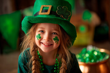 Young girl wearing a green hat and a green necklace. She has green face paint and is smiling