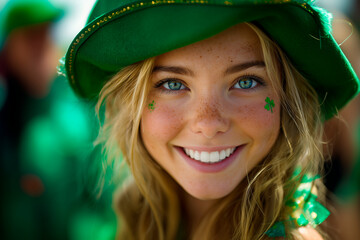 Portrait of a young pretty woman smiling and wearing a green hat. Two clovers are painted on her face