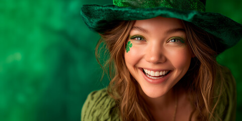 Woman wearing a green hat and green shirt. She is smiling. There is a green background