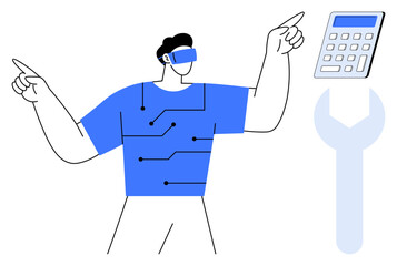 Virtual reality, technology advancement, problem-solving, digital tools, innovation, user interaction. A man wearing a VR headset interacts with tech elements. Virtual reality and technology