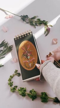a vintage-style notebook with an ornate floral cover rests on a light surface, surrounded by fresh herbs, delicate flowers, and soft natural shadows.